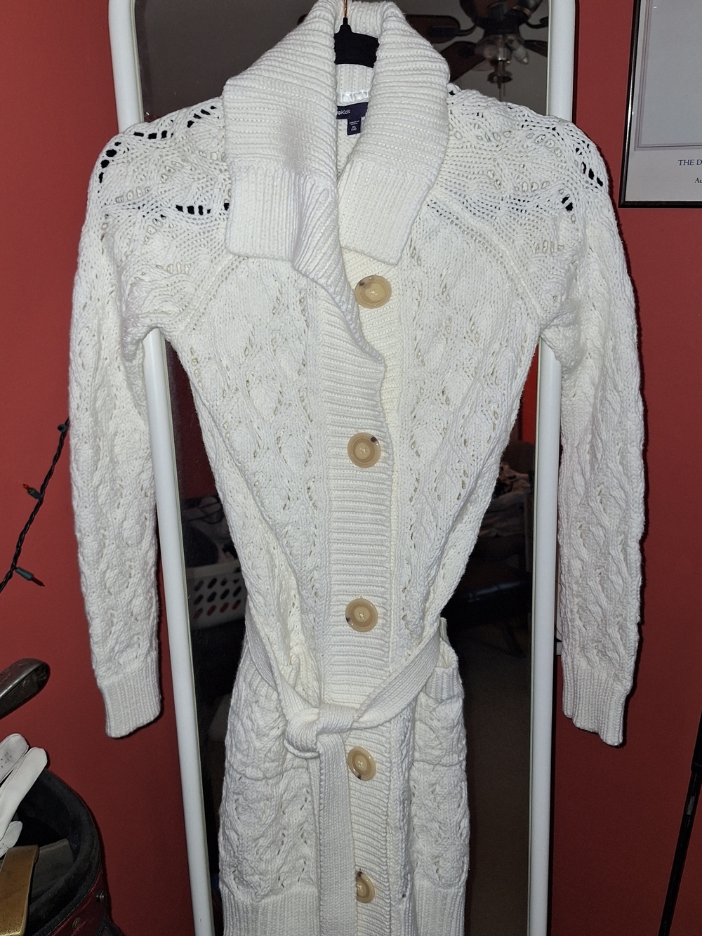 Girl's Cream Cable-Knit Long Cardigan Sweater with Belt